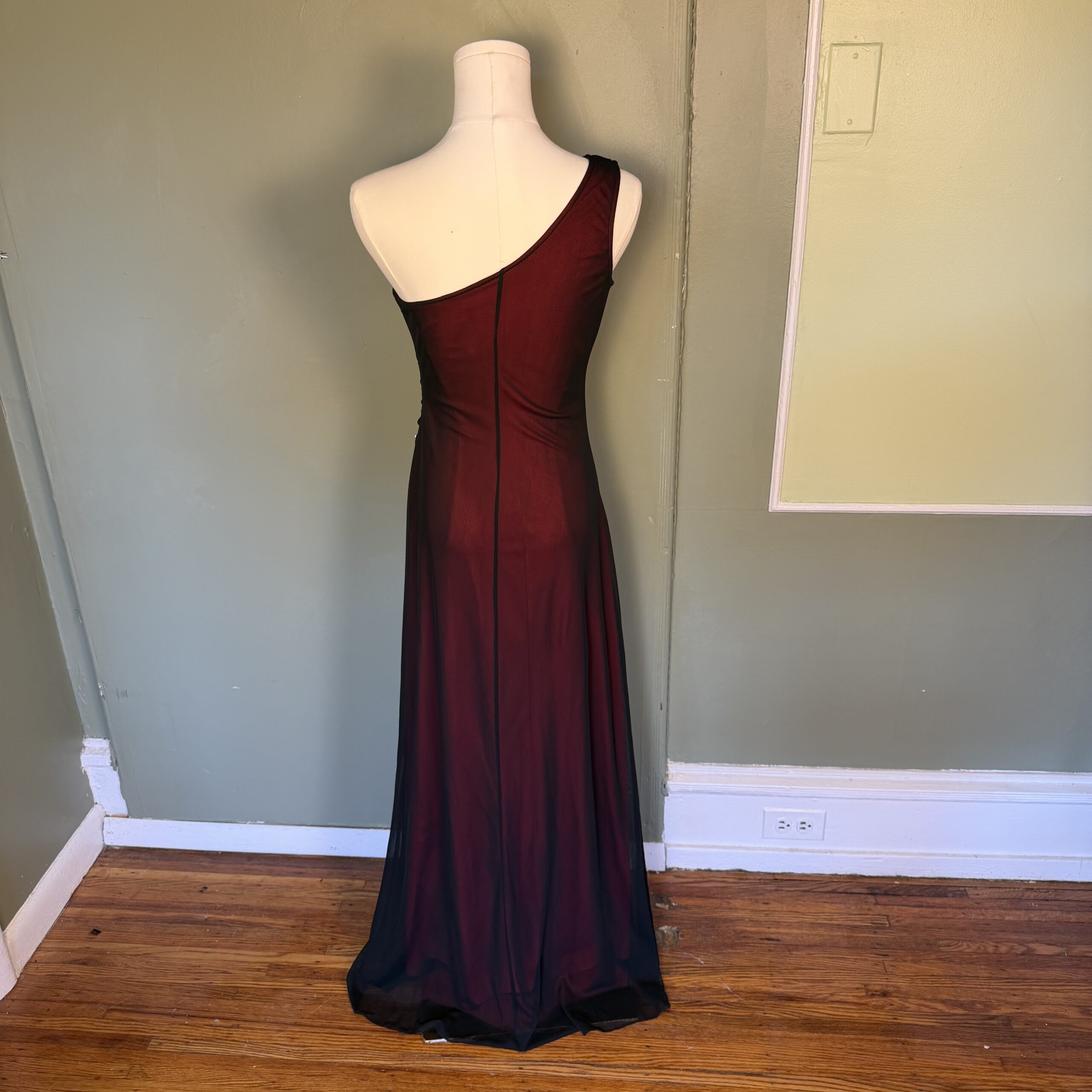 vintage 90s red and black mesh overlay beaded one shoulder formal maxi gown - Image 3