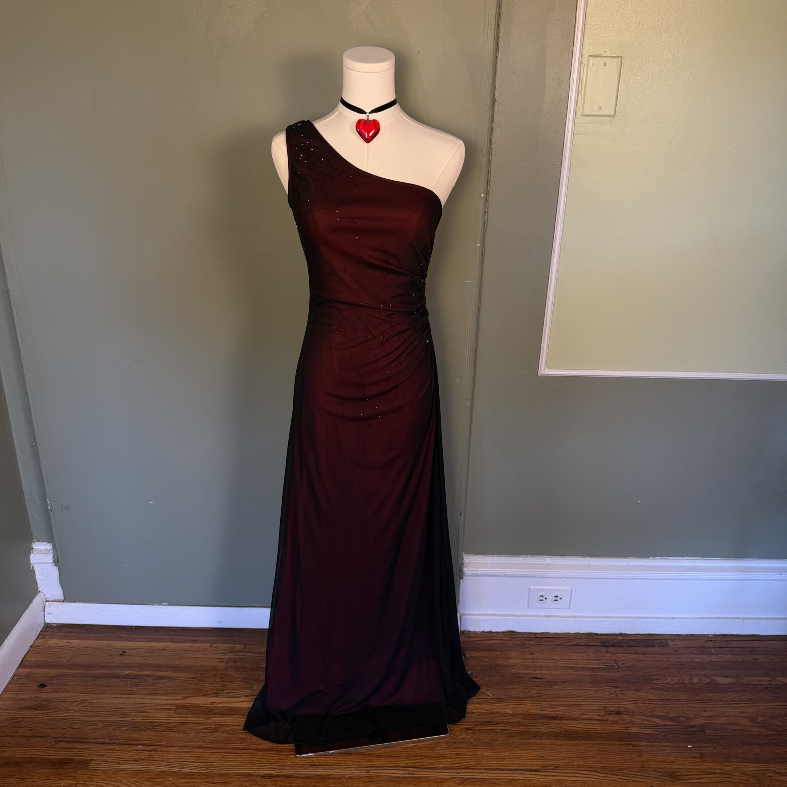 vintage 90s red and black mesh overlay beaded one shoulder formal maxi gown