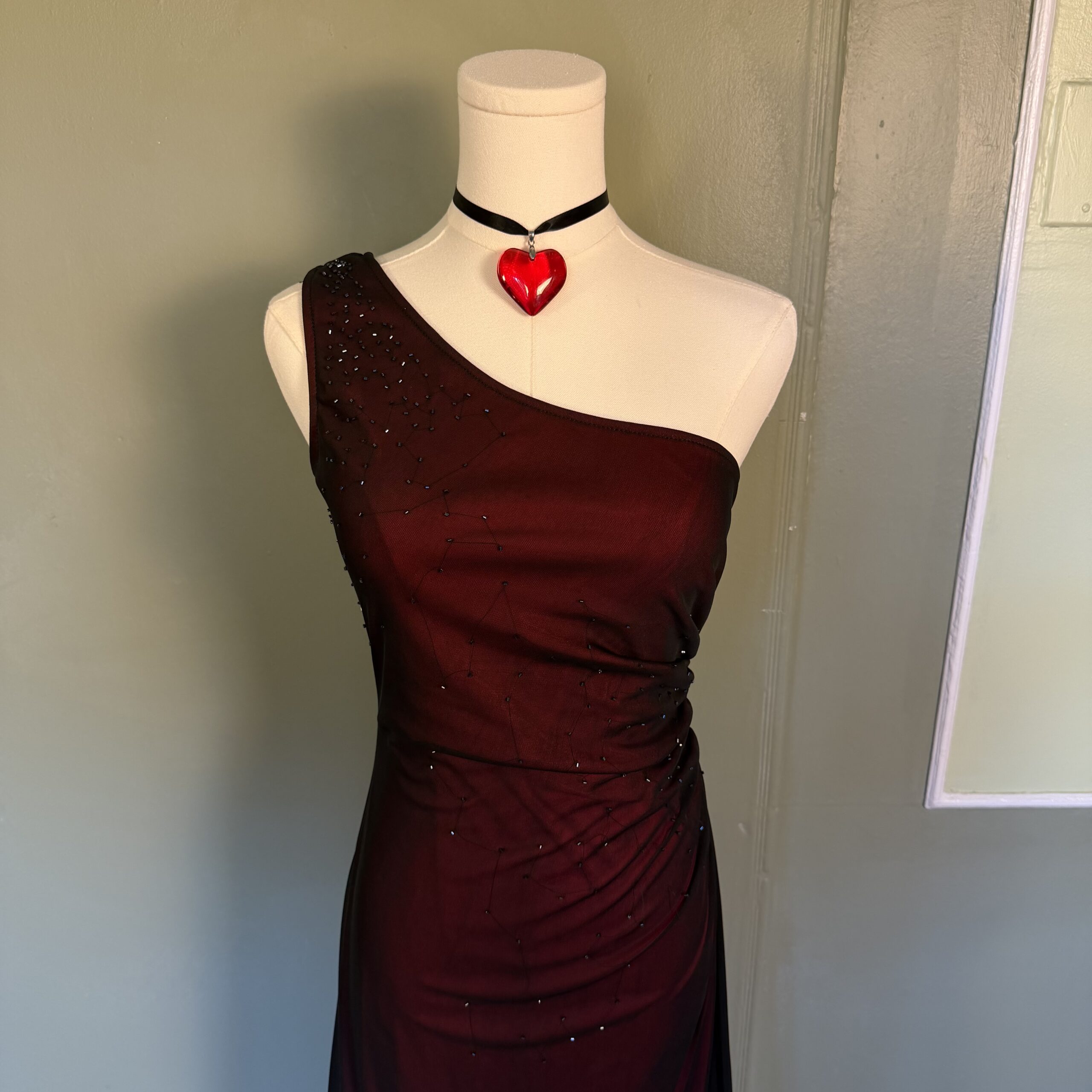 vintage 90s red and black mesh overlay beaded one shoulder formal maxi gown - Image 4