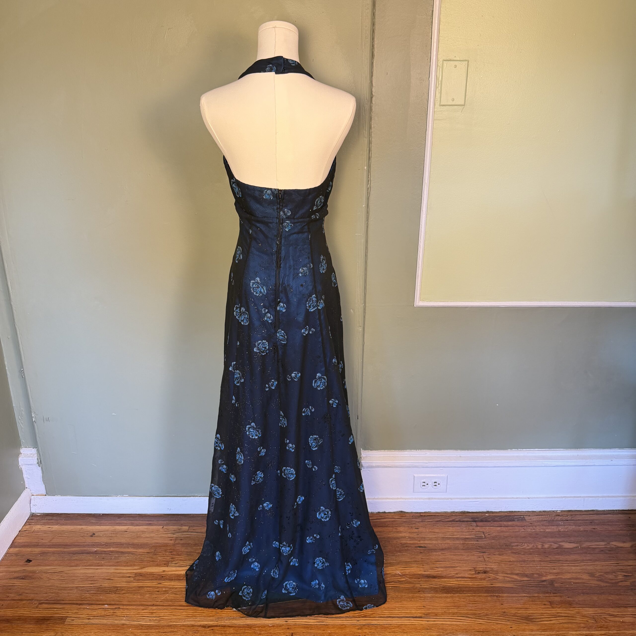 incredible vintage 90s morgan & co blue roses mesh overlay formal dress - Image 3