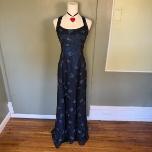 incredible vintage 90s morgan & co blue roses mesh overlay formal dress